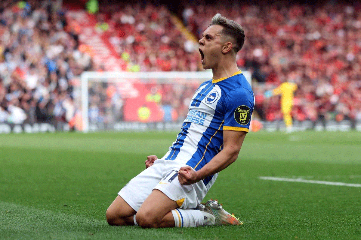 Brighton & Hove Albion's Leandro Trossard celebrates scoring their third goal and completing his hat-trick