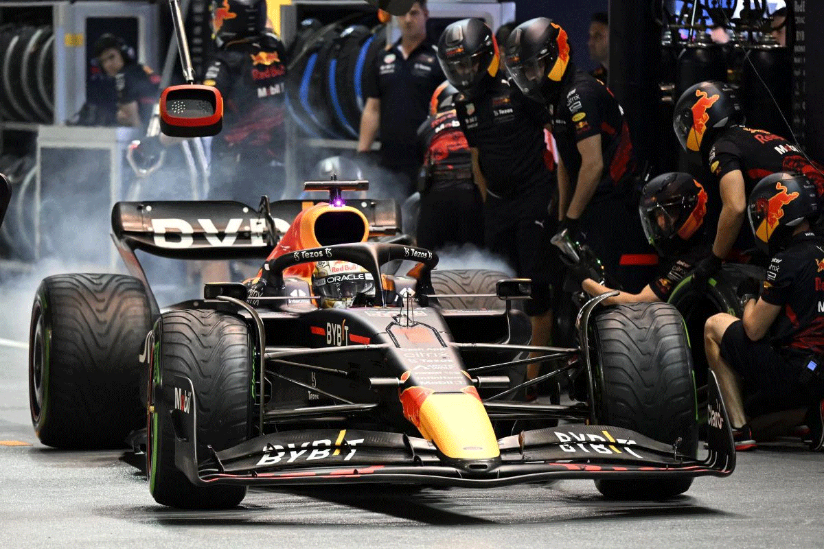 Red Bull's Max Verstappen in the pits during qualifying at the Singapore Grand Prix