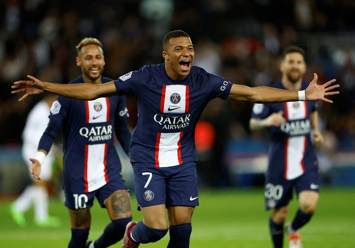 Kylian Mbappe celebrates scoring Paris St Germain's second goal against Nice at Parc des Princes, Paris.