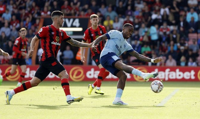 Brentford's Ivan Toney shoots at goal during the match against Bournemouth at Vitality Stadium, Bournemouth.
