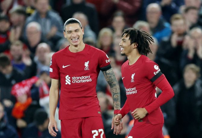 Trent Alexander-Arnold celebrates scoring Liverpool's first goal with Darwin Nunez in the Champions League Group A match against Rangers at Anfield, Liverpool, on Tuesday.