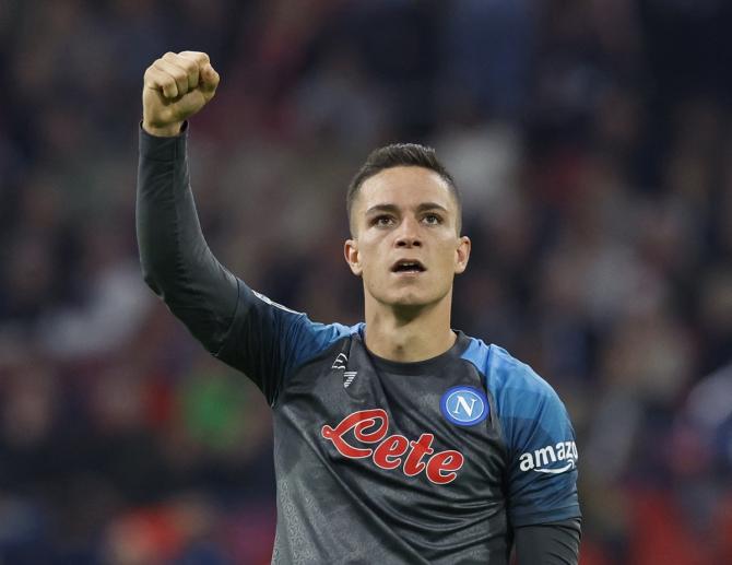 Giacomo Raspadori celebrates scoring Napoli's fourth goal in the Champions League Group A match against Ajax Amsterdam at Johan Cruijff Arena, Amsterdam.