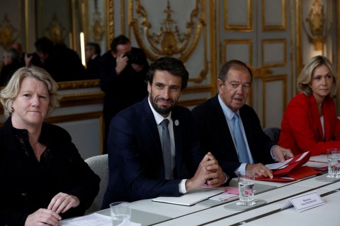 Head of Paris 2024 Olympics Tony Estanguet, President of Greater Paris Metropolis Patrick Ollier, Valerie Pecresse, head of the Paris Ile-de-France region, Brigitte Henriques, head of the CNOSF, attend a meeting with French President Emmanuel Macron at the Elysee Palace in Paris, France,