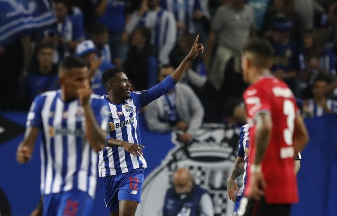 Zaidu Sanusi celebrates scoring FC Porto's first goal in the Champions League Group B match against Bayer Leverkusen at Estadio do Dragao, Porto, Portugal.