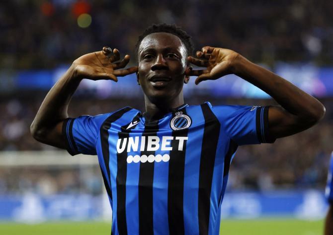 Kamal Sowah celebrates scoring Club Brugge's first goal in the Champions League Group B match against Atletico Madrid at Jan Breydel Stadium, Bruges, Belgium.