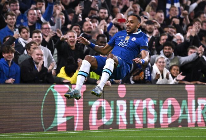 Pierre-Emerick Aubameyang celebrates scoring Chelsea's second goal in the Champions League Group E match against AC Milan at Stamford Bridge, London.