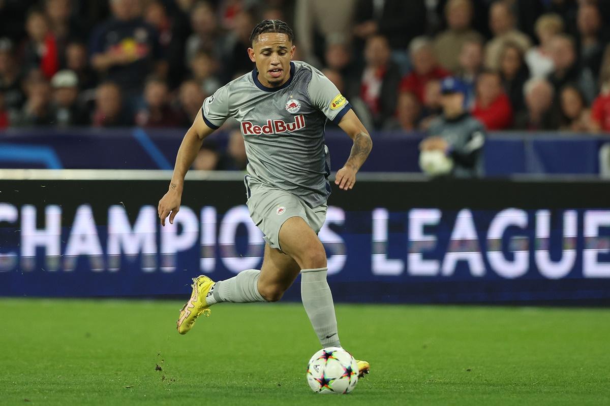 Salzburg's Noah Okafor runs with the ball during the Champions League Group E match against Dinamo Zagreb at Football Arena Salzburg, in Salzburg, Austria.