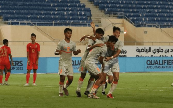 India's players celebrate a goal during the thumping win over Myanmar in the AFC Under-17 Asian Cup 2023 Qualifiers, at Prince Saud Bin Jalawi Stadium, at Al Khobar, Saudi Arabia, on Friday night.