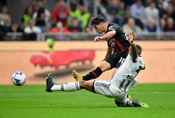 Brahim Diaz scores AC Milan's second goal during the Serie A match against Juventus at San Siro, Milan, on Saturday.