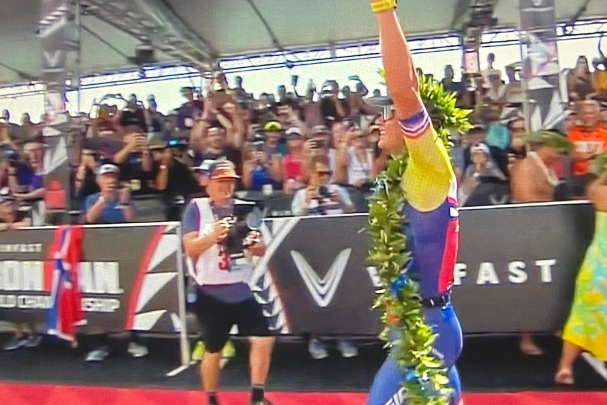 Gustav Eden celebrates winning the Ironman World Championship triathlon in Hawaii