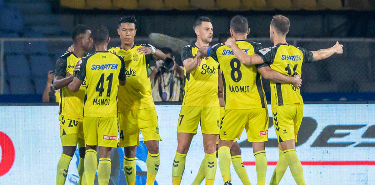 Hyderabad FC's Joao Vitor celebrates with teammates after scoring against Mumbai City FC in Pune on Sunday