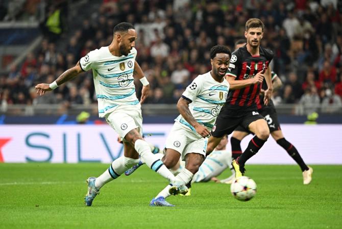 Pierre-Emerick Aubameyang scores Chelsea's second goal during the Champions League Group E match against AC Milan at San Siro, Milan, Italy, on Tuesday.