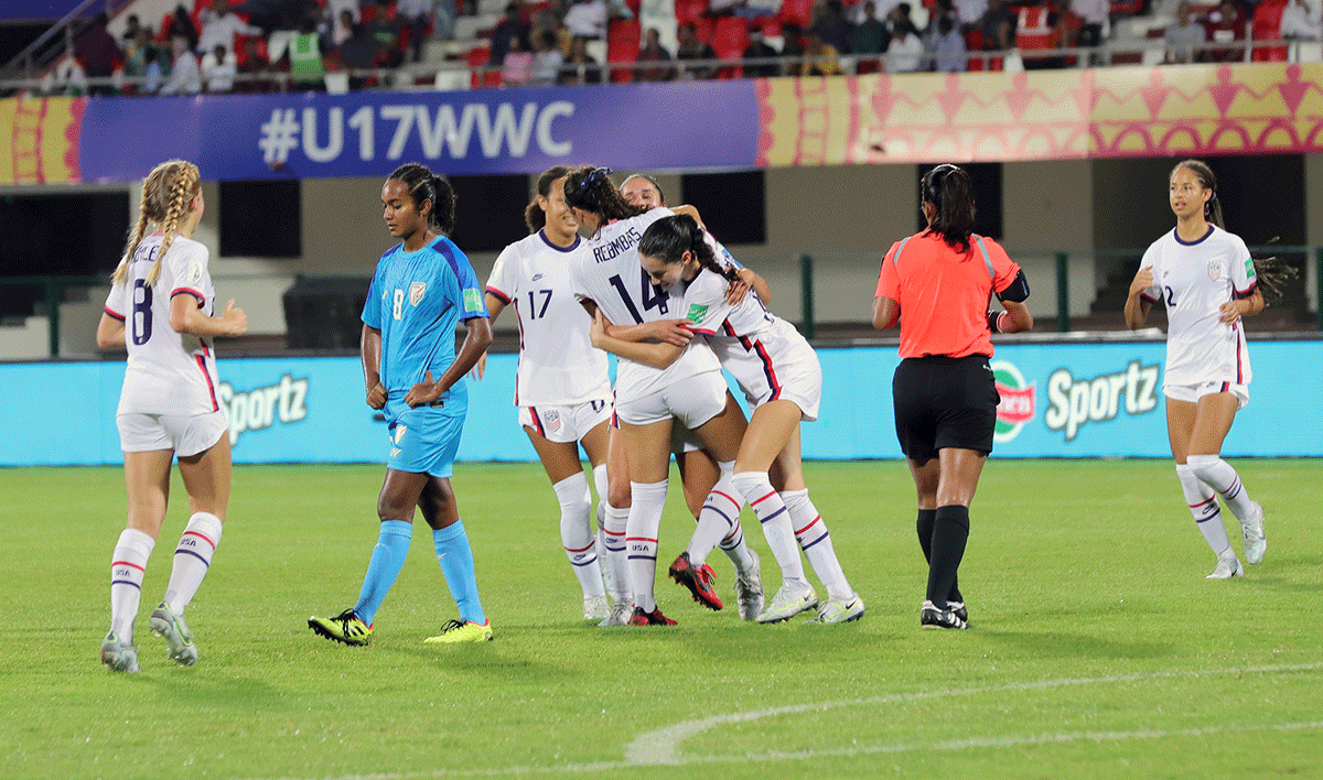 USA players celebrate after netting a goal during their U-17 FIFA World Cup opener against India in Bhubaneswar on Tuesday