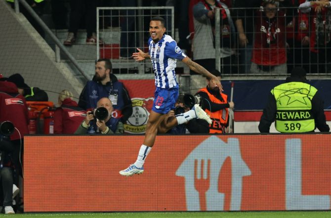 Galeno celebrates scoring FC Porto's first goal during the Champions League Group B match against Bayer Leverkusen at BayArena, Leverkusen, Germany.