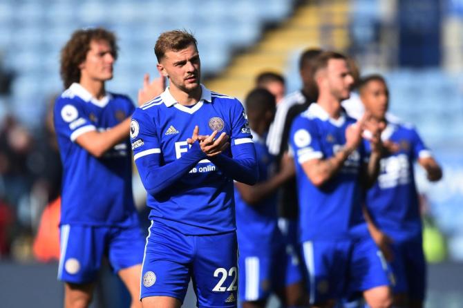 Leicester City's Kiernan Dewsbury-Hall reacts after the match