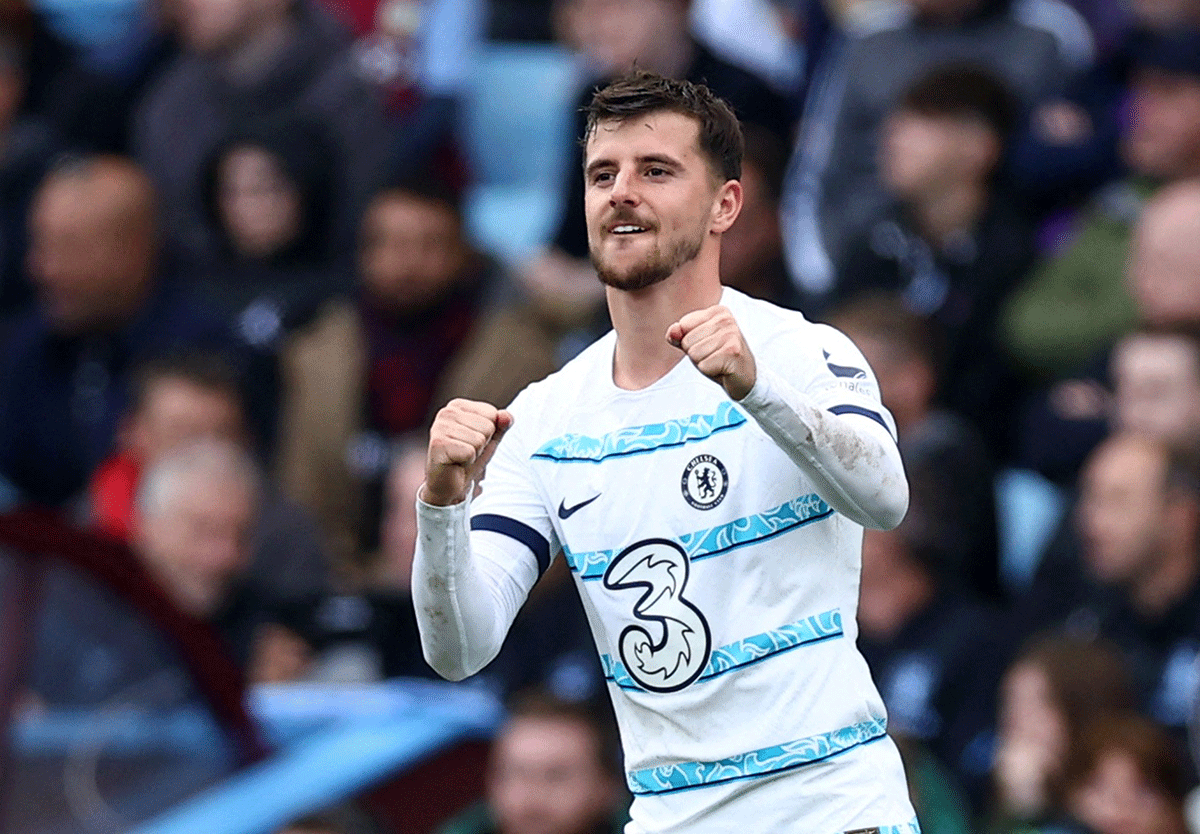 Chelsea's Mason Mount celebrates scoring their second goal against Aston Villa at Villa Park in Birmingham