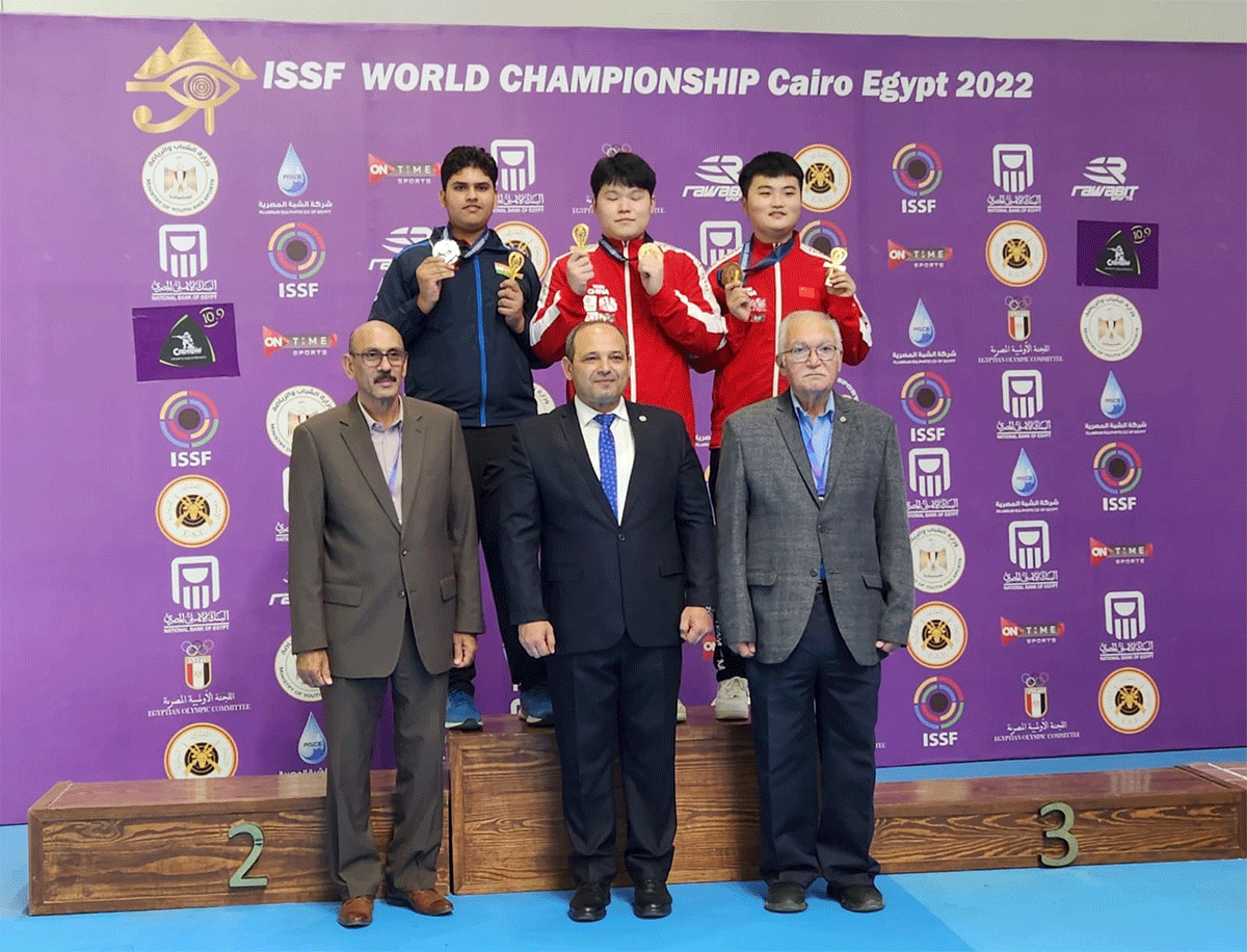 India's Sameer on the podium after bagging a silver in the junior men's 25m rapid fire pistol event on Monday