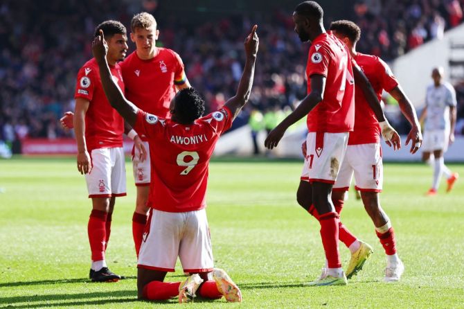 Nottingham Forest's Taiwo Awoniyi celebrates scoring their first goal with teammates