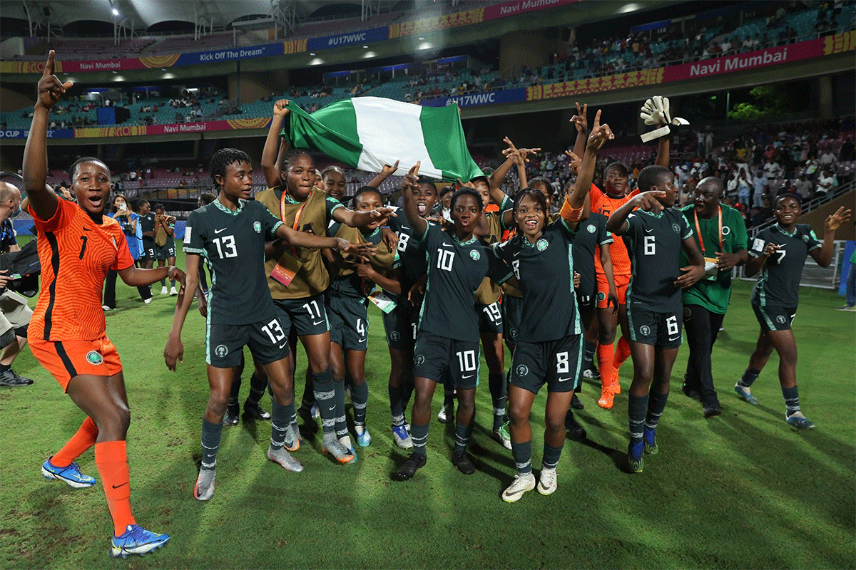 The Nigerian Under-17 women's team celebrate on qualifying for the quarter-finals on Friday