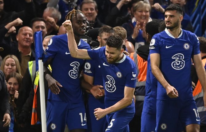Jorginho celebrates putting Chelsea ahead from the penalty spot.