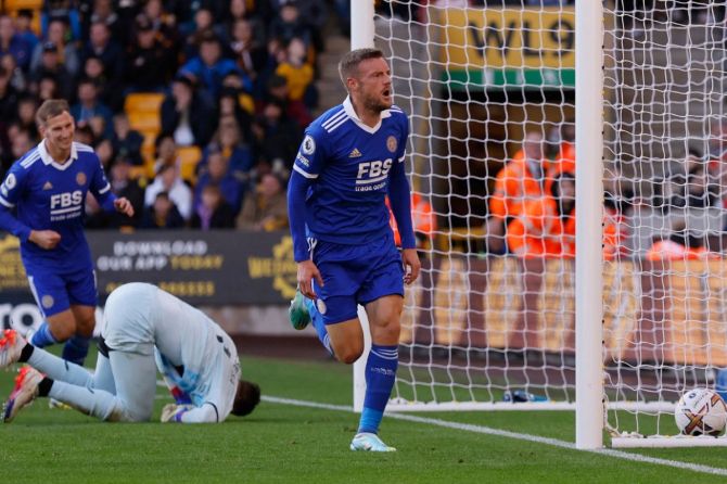 Leicester City's Jamie Vardy celebrates scoring their fourth goal