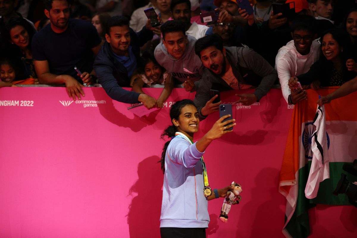 PV Sindhu takes a selfie with fans
