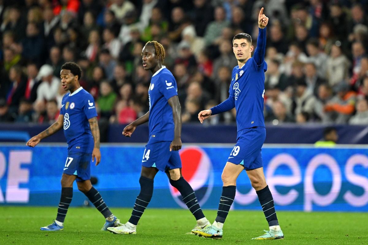 Kai Havertz celebrates scoring Chelsea's second goal during the Champions League Group E match against FC Salzburg, at Football Arena Salzburg, Austria.