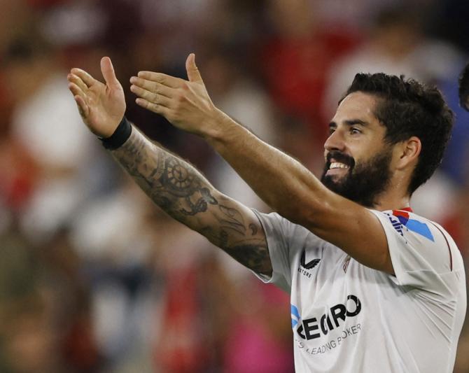 Isco celebrates scoring Sevilla's second goal during the Champions League Group G match against FC Copenhagen, at Ramon Sanchez Pizjuan, Seville, Spain.