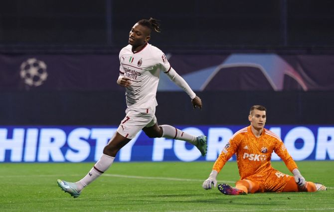 Rafael Leao celebrates scoring AC Milan's second goal after a solo run during the Champions League Group E match against GNK Dinamo Zagreb, at Stadion Maksimir, Zagreb, Croatia.