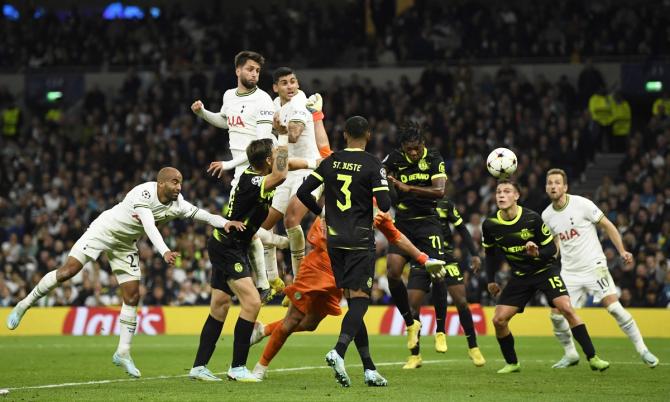 Rodrigo Bentancur rises above a host of defenders to head the ball past Sporting CP goalkepeer Antonio Adan and equalise for Tottenham Hotspur in the Group D match at Tottenham Hotspur Stadium, London.