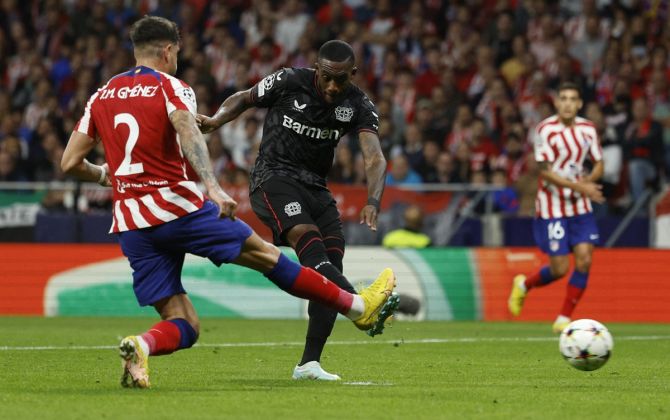 Callum Hudson-Odoi fires a shot down the middle for Bayer Leverkusen's second goal during the Champions League Group B match against Atletico Madrid, at Metropolitano, Madrid, Spain.