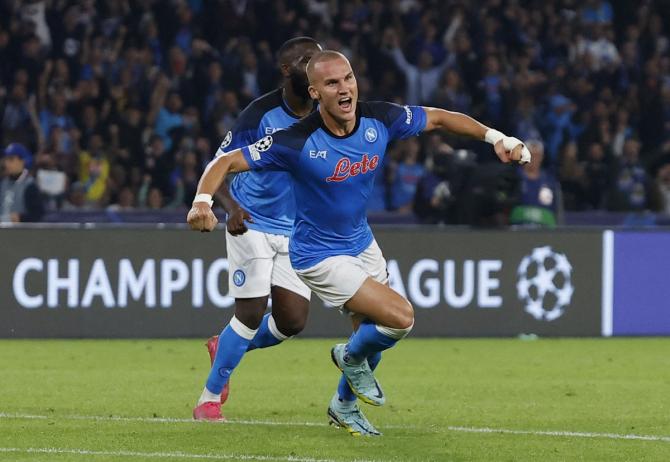 Leo Ostigard celebrates scoring Napoli's third goal during the  Champions League Group A match against Rangers, at Stadio Diego Armando Maradona, Naples, Italy.