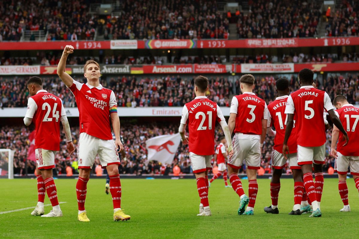 Arsenal's Martin Odegaard celebrates scoring their fifth goal