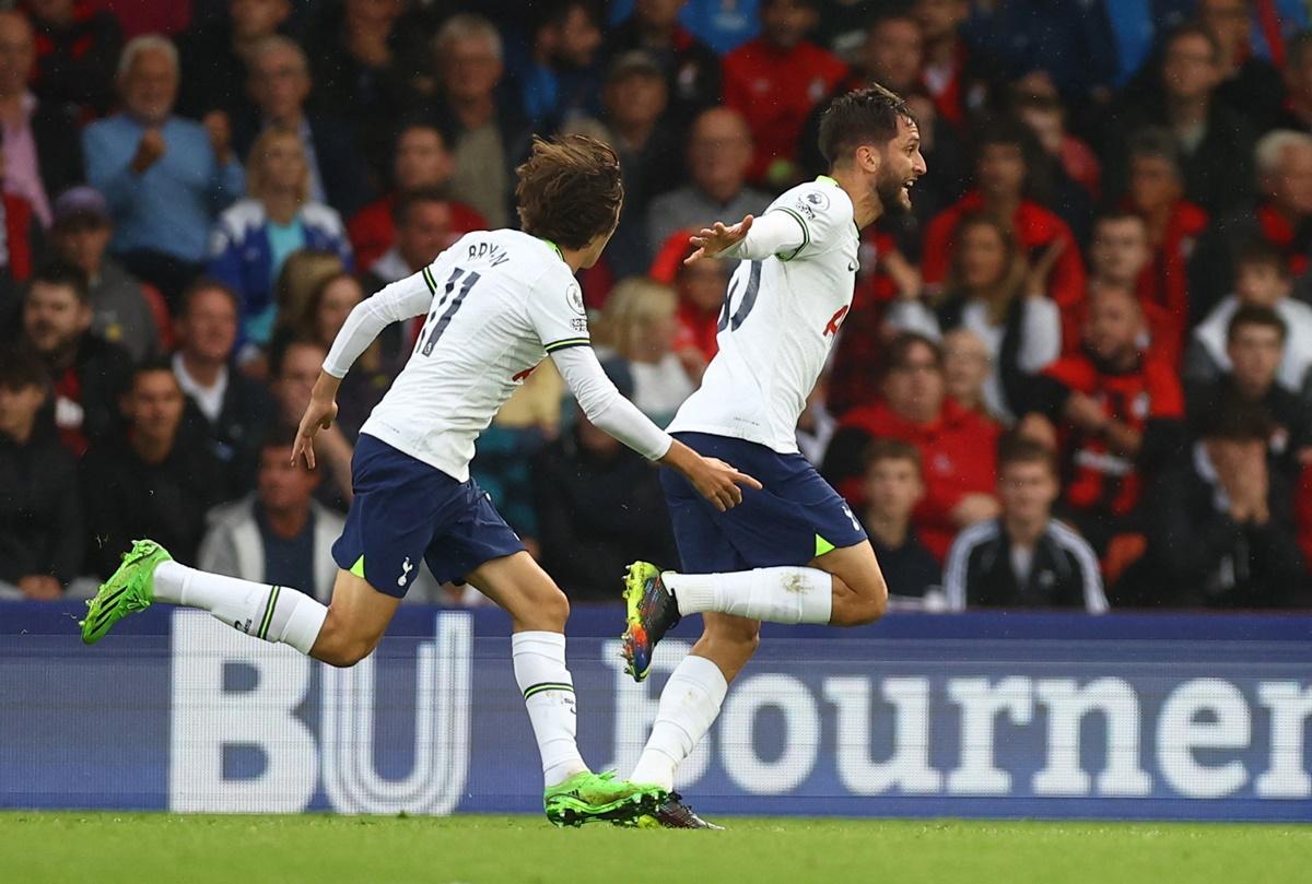 Rodrigo Bentancur celebrates scoring Tottenham Hotspur's third goal against Bournemouth, at Vitality Stadium, Bournemouth.