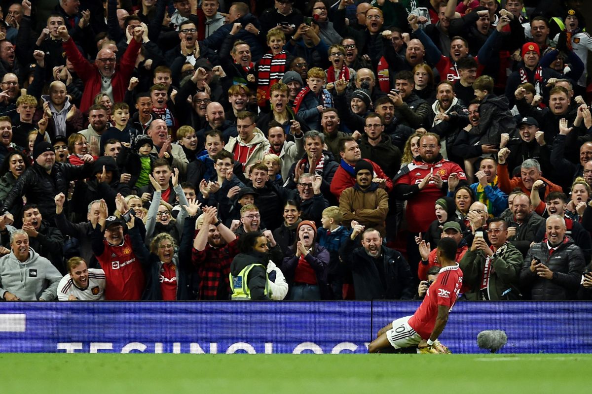 Marcus Rashford celebrates what turned out to be the match-winner for Manchester United against West Ham, at Old Trafford, Manchester. 