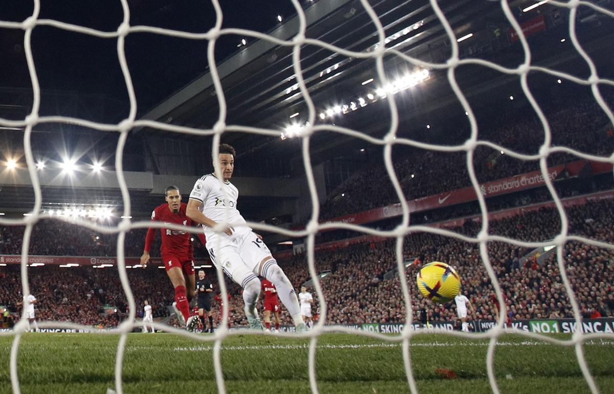 Rodrigo puts Leeds United ahead during the the Premier League match against Liverpool, at Anfield, Liverpool, on Saturday.