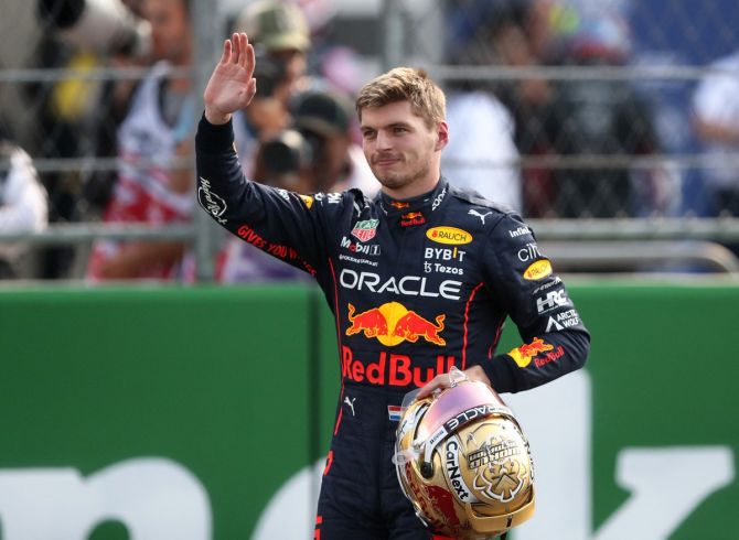 Red Bull's Max Verstappen celebrates after qualifying in pole position for the Mexico City Formula One Grand Prix, at Autodromo Hermanos Rodriguez, Mexico, on Saturday.