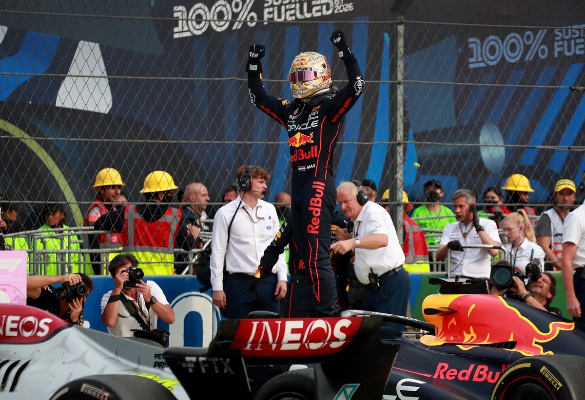 Red Bull's Max Verstappen celebrates winning the Mexico City Grand Prix and setting a new F1 record of 14 Grand Prix wins in a season, at  Autodromo Hermanos Rodriguez, Mexico City, Mexico, on Sunday.