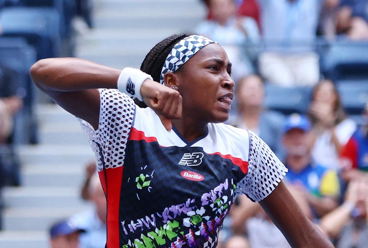 Coco Gauff celebrates winning her second round match against Romania's Elena-Gabriela Ruse.