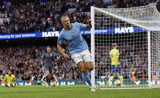 Erling Haaland celebrates scoring Manchester City's second goal in the Premier League match against Nottingham Forest, at Etihad Stadium, in Manchester, on Wednesday.