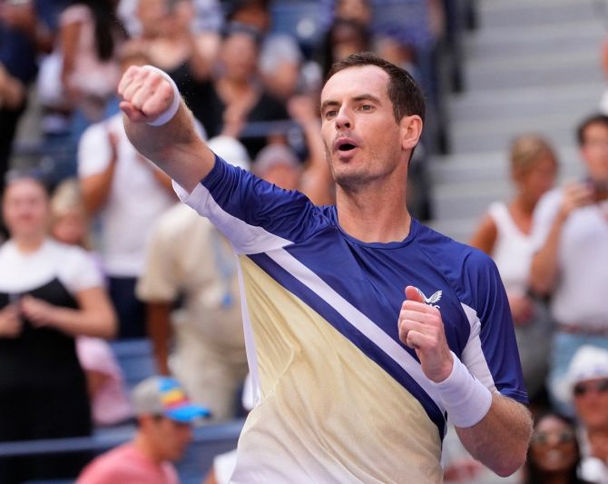 Andy Murray reacts after beating Emelio Nava of the United States.