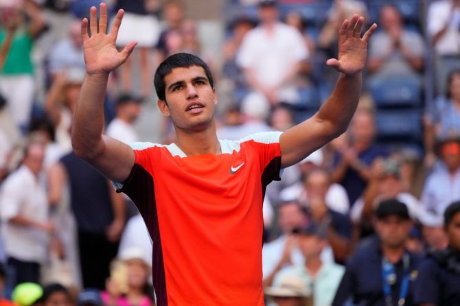 Spain's Carlos Alcaraz celebrates victory over Argentina's Federico Coria in the second round of the US Open on Thursday.