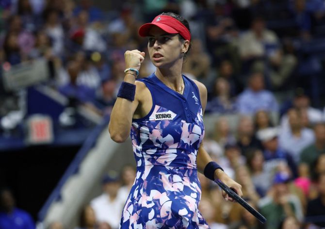 Australia's Ajla Tomljanovic celebrates winning the first set during her third round match against Serena Williams at the US Open on Friday.