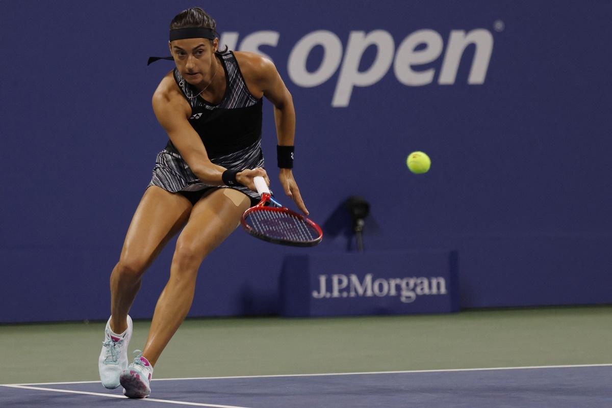 France's Caroline Garcia hits a forehand against Canada's Bianca Andreescu.