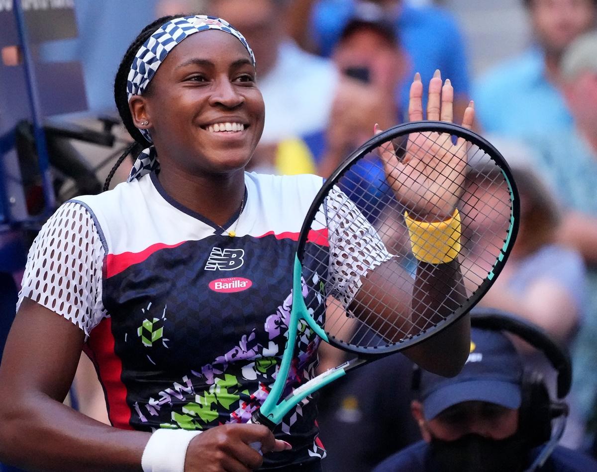 Coco Gauff celebrates victory over fellow-American Madison Keys.