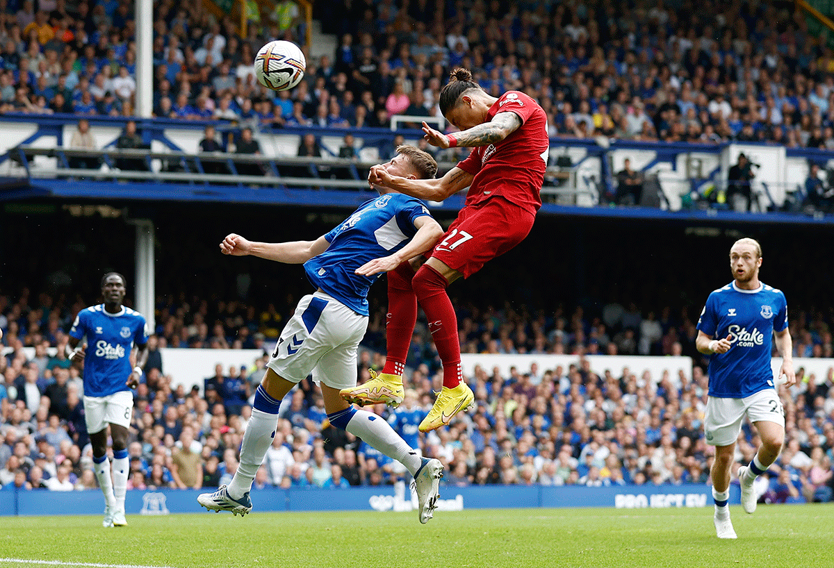 Liverpool's Darwin Nunez heads at goal during their derby encounter against Everton at Goodison Park in Liverpool 