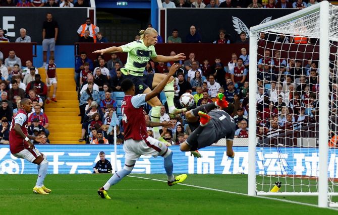 Erling Braut Haaland puts Manchester City ahead with his 10th goal in six games in the Premier League match against Aston Villa, at Villa Park, Birmingham, on Saturday.