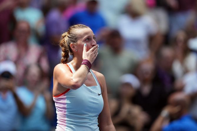 The Czech Republic's Petra Kvitova gestures to the crowd after defeating Spain's Garbine Muguruza.