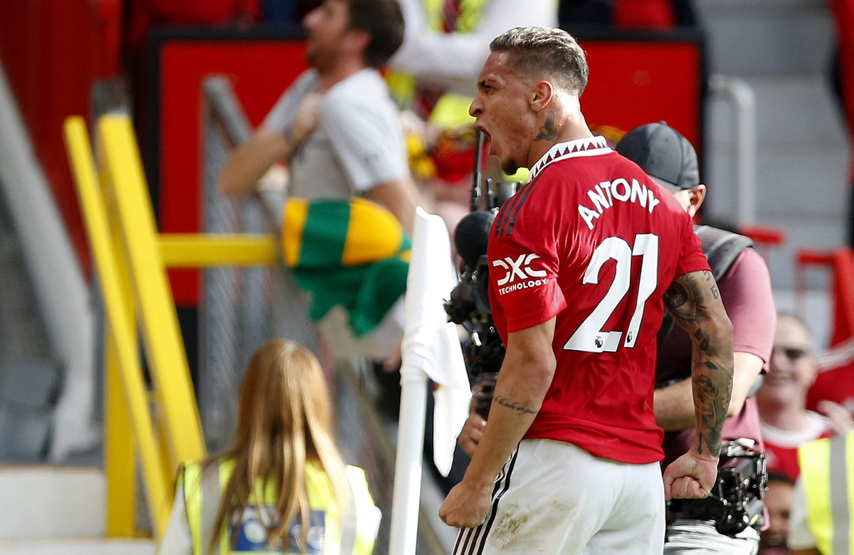 Debutant Antony celebrates putting Manchester United ahead in the match.