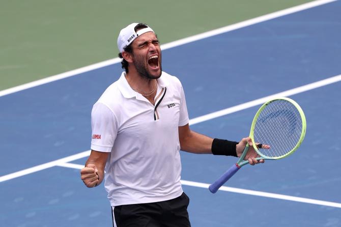 Italy's Matteo Berrettini celebrates beating Spain's Alejandro Davidovich Fokina in the men's singles fourth round at the US Open on Sunday.